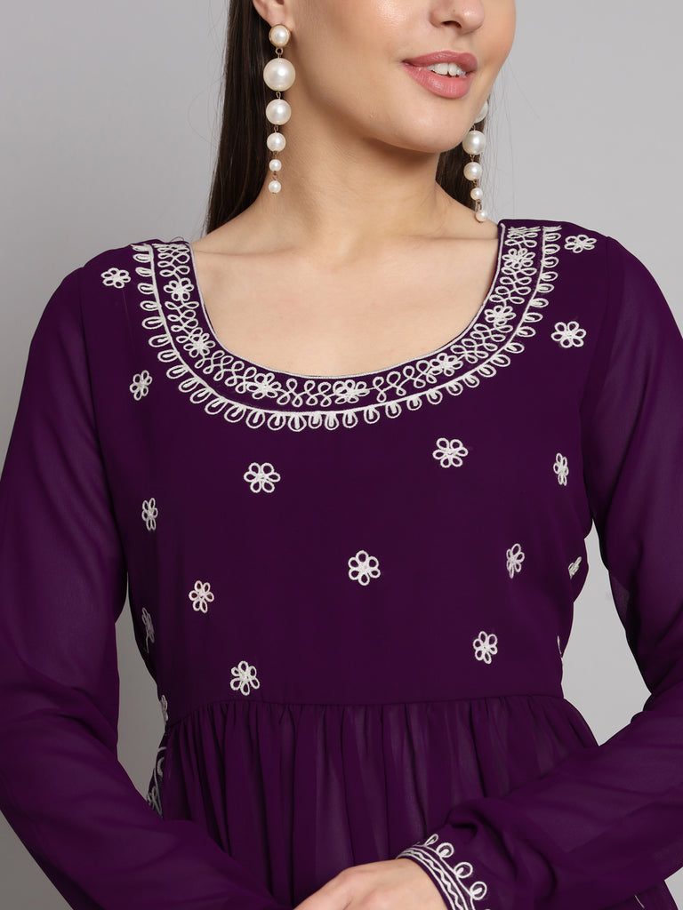 Women's Purple georgette Aari work A-Line Kurta with Sharara
