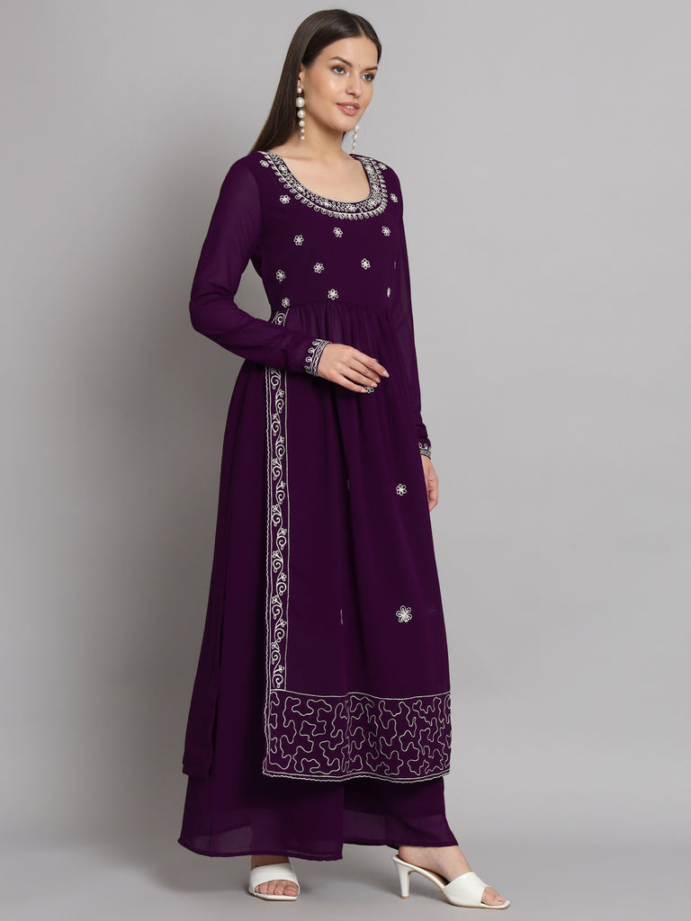 Women's Purple georgette Aari work A-Line Kurta with Sharara
