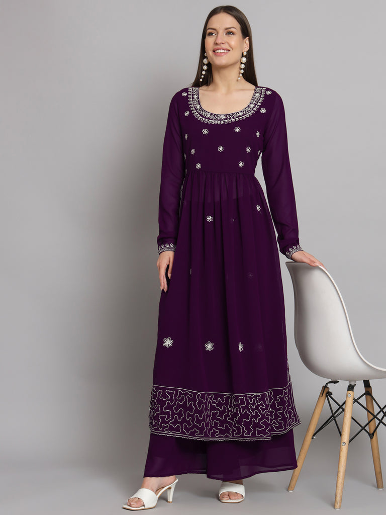Women's Purple georgette Aari work A-Line Kurta with Sharara