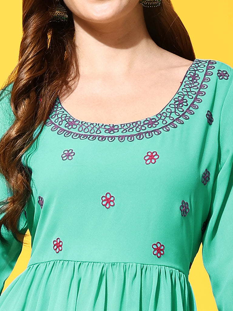 Women's Torquoise georgette Aari work A-Line Kurta with Sharara