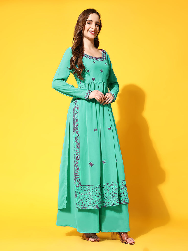 Women's Torquoise georgette Aari work A-Line Kurta with Sharara