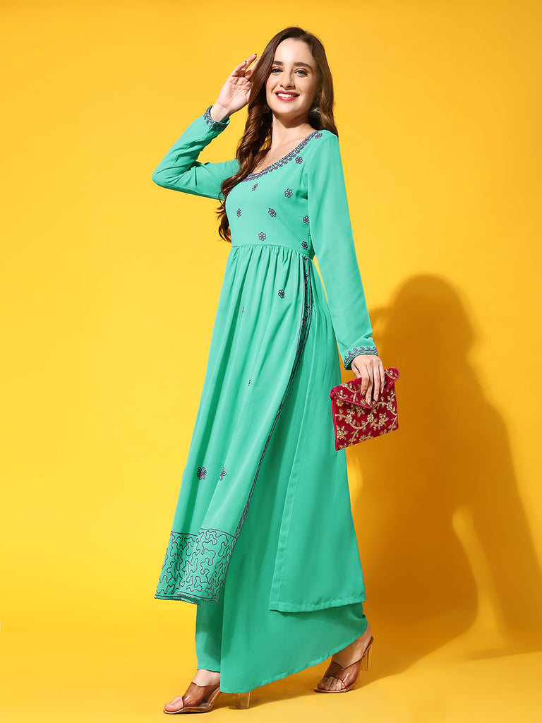 Women's Torquoise georgette Aari work A-Line Kurta with Sharara