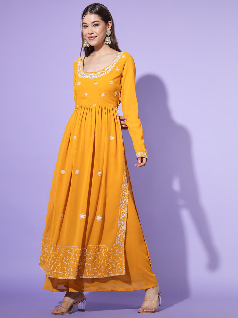Women's Yellow georgette Aari work A-Line Kurta with Sharara