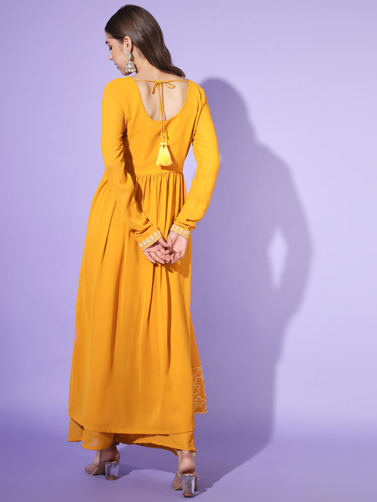 Women's Yellow georgette Aari work A-Line Kurta with Sharara