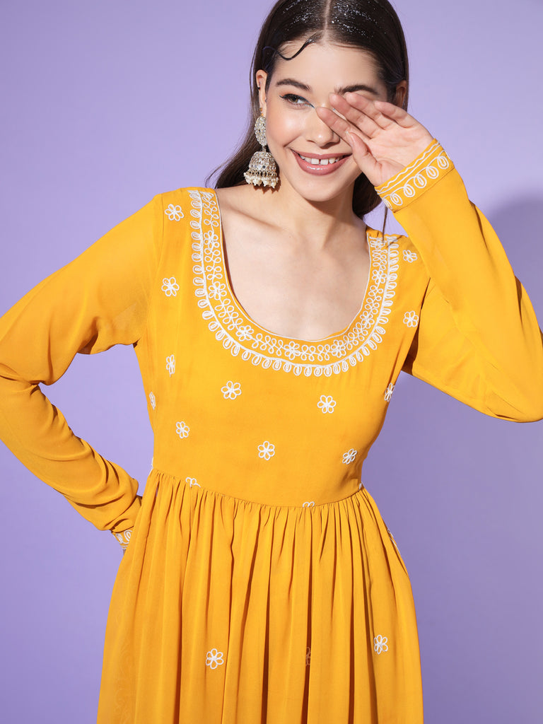 Women's Yellow georgette Aari work A-Line Kurta with Sharara
