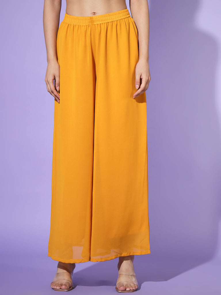 Women's Yellow georgette Aari work A-Line Kurta with Sharara