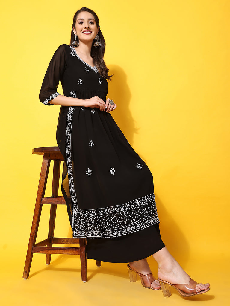 Women's Black georgette Aari work A-Line Kurta with Sharara