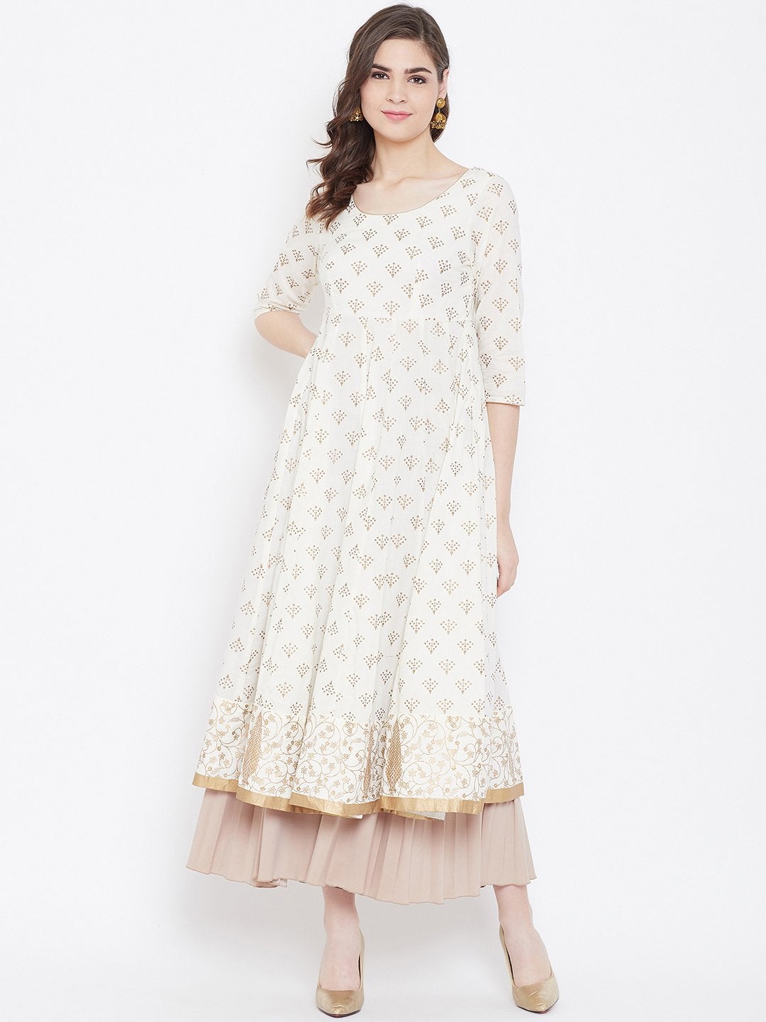 Women's Golden Print  Stylish Off White  3/4th Sleeve Pure Cotton Anarkali Kurta - Poshak Hub