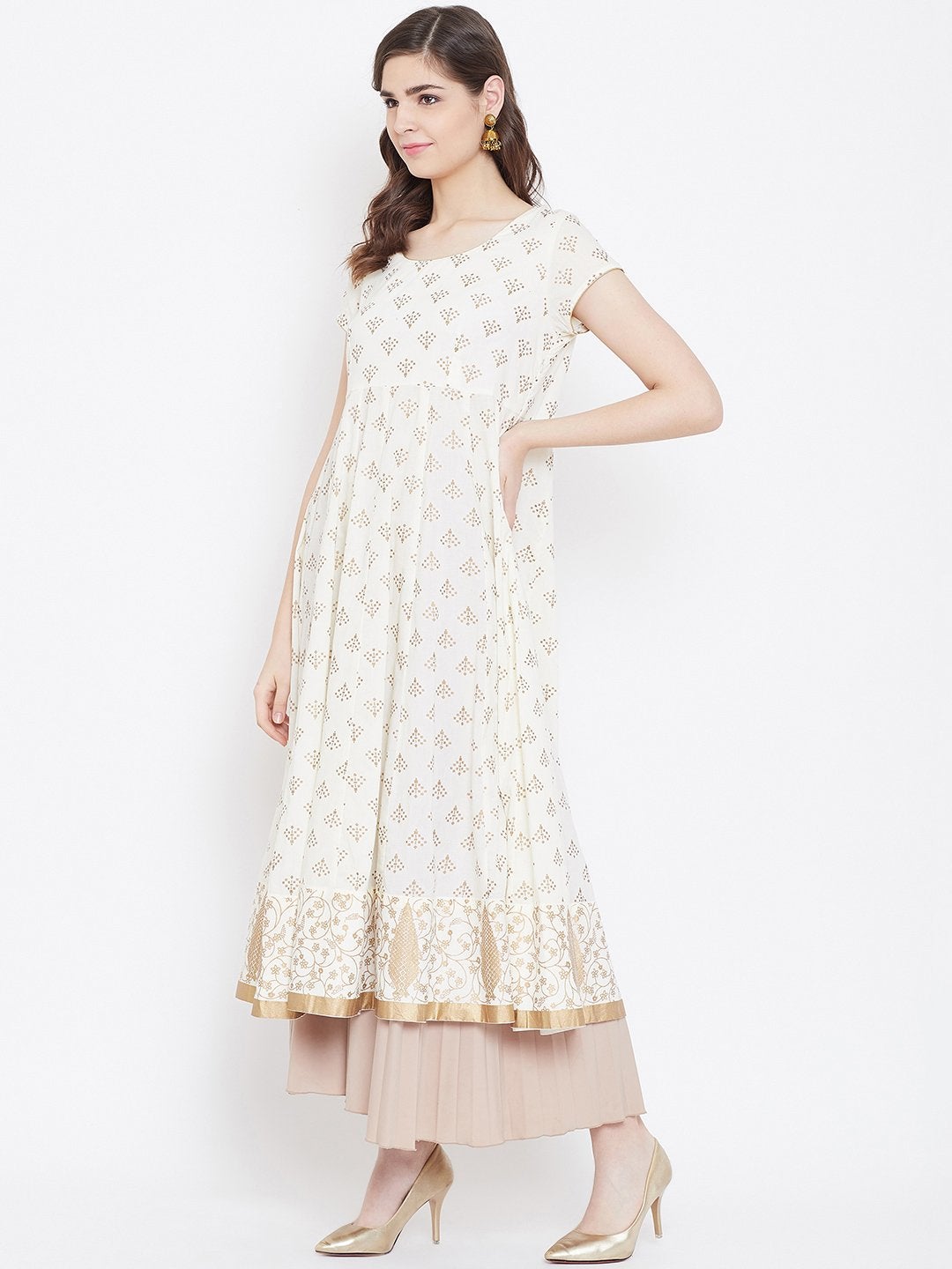 Women's Golden Print  Stylish Round Neck Off White Pure Cotton Anarkali Kurta - Poshak Hub
