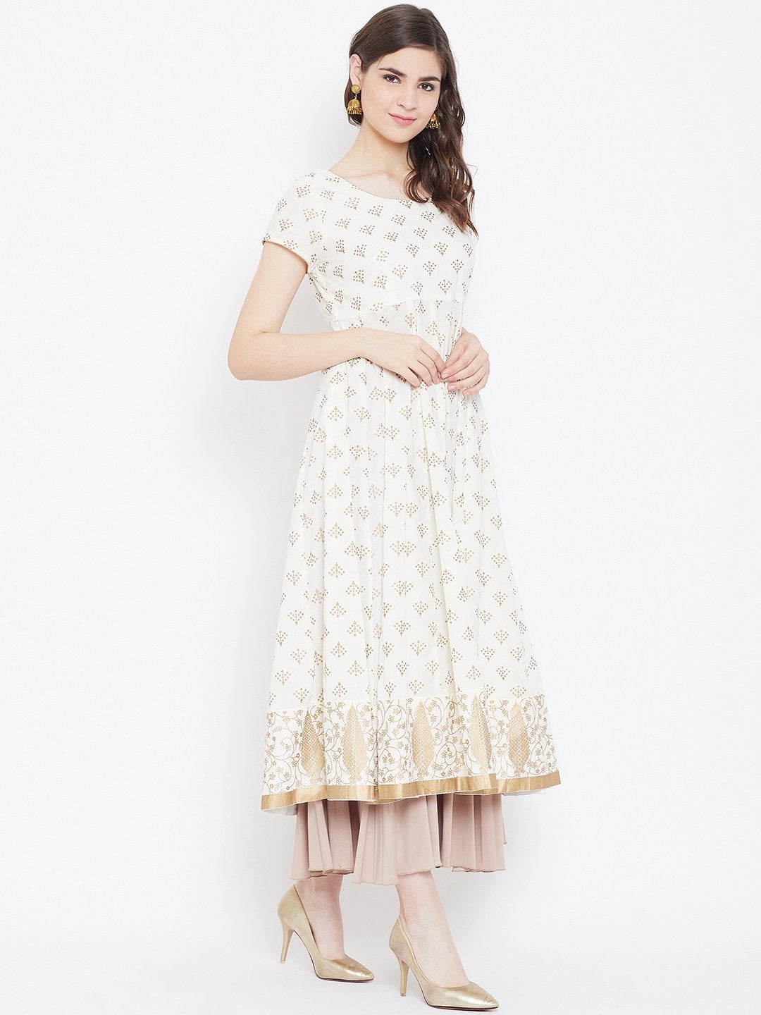 Women's Golden Print  Stylish Round Neck Off White Pure Cotton Anarkali Kurta - Poshak Hub