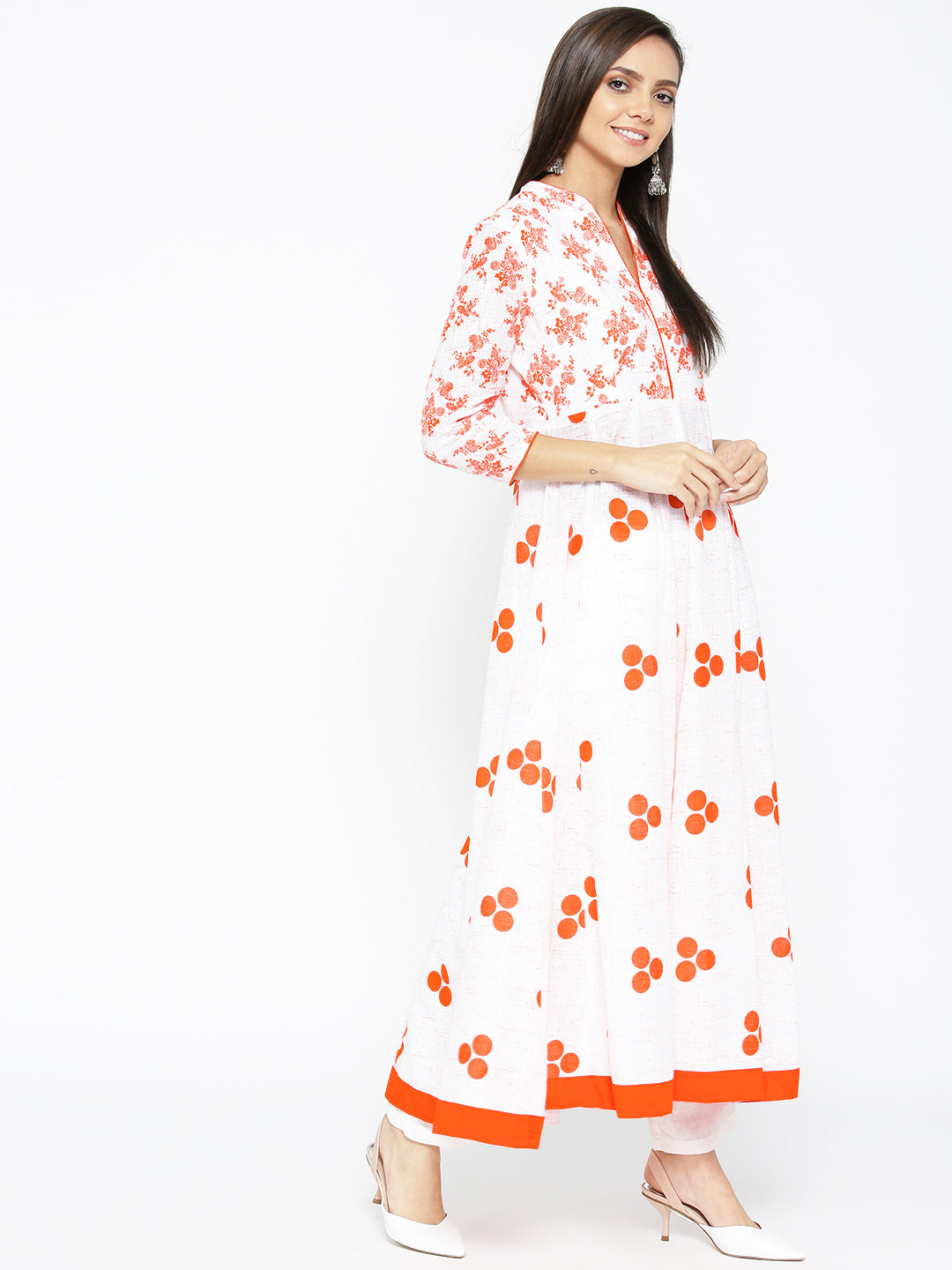 Women's Pure Cotton Anarkali Golden Print 3/4th Sleeve White Kurta - Poshak Hub