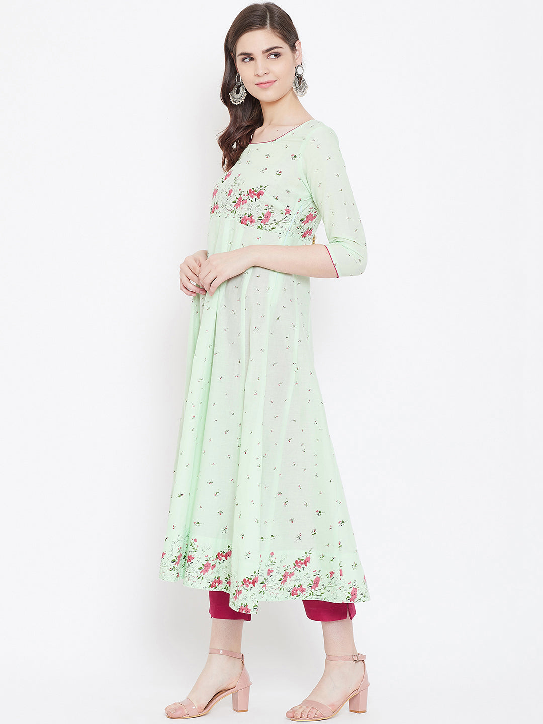 Women's Pure Cotton Anarkali Golden Print 3/4th Sleeve Green Kurta - Poshak Hub