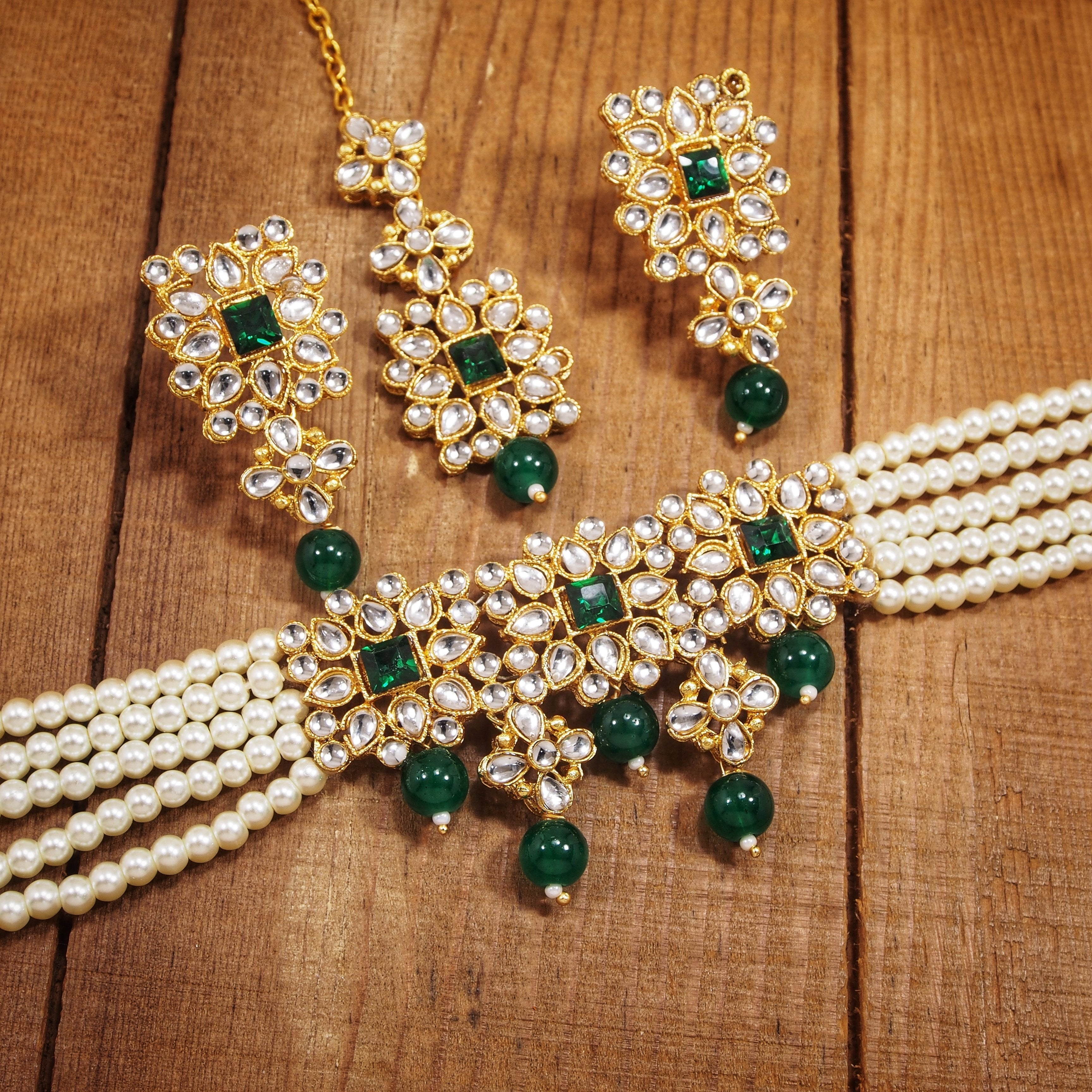 Women's Gold Plated White & Green Pearl & Kundan Studded Choker Necklace Set with Earrings & Maang Tikka - i jewels