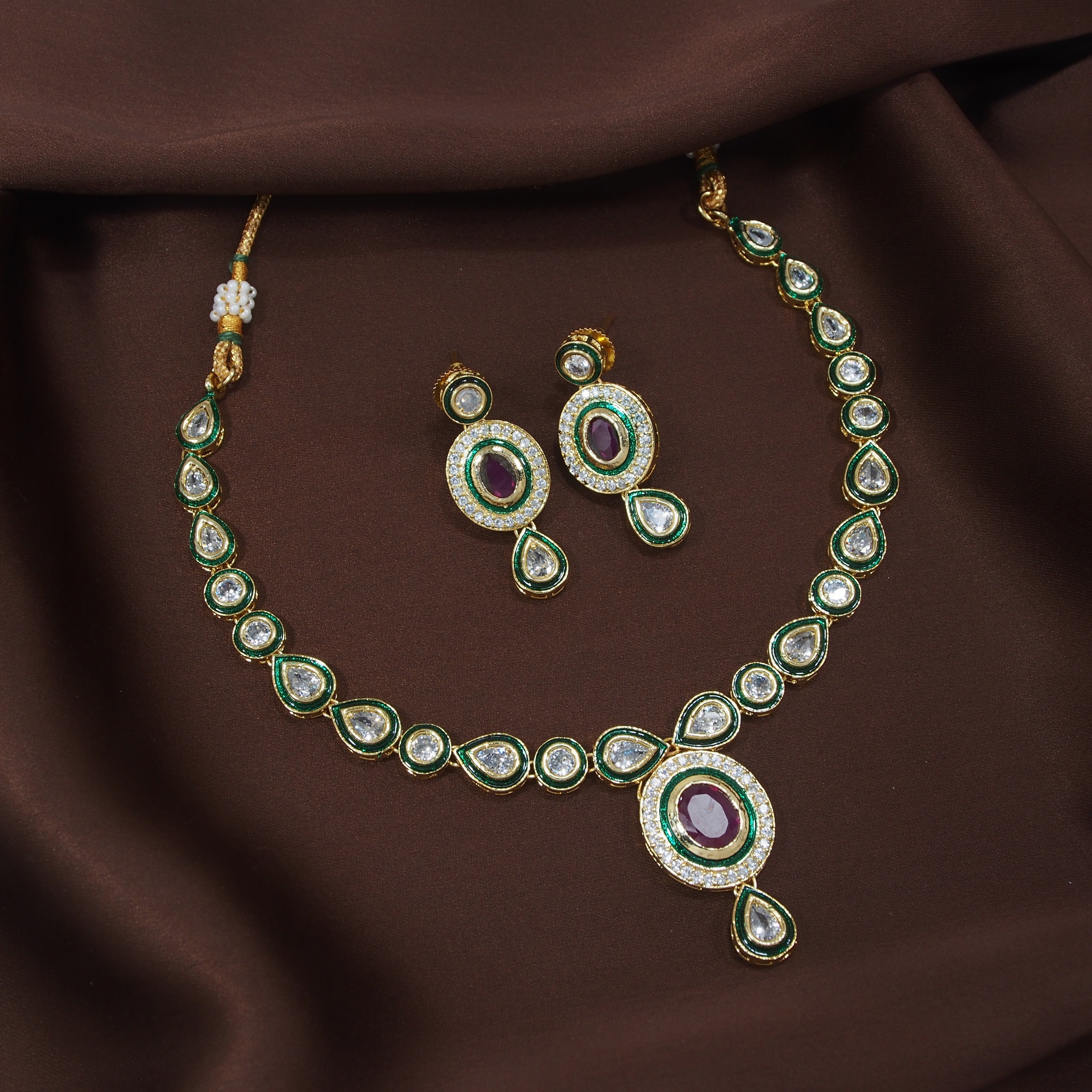 Women's 18k-gold-plated-beaded-ruby-jewellery-set-glided-kundans p0005w-1 - I Jewels