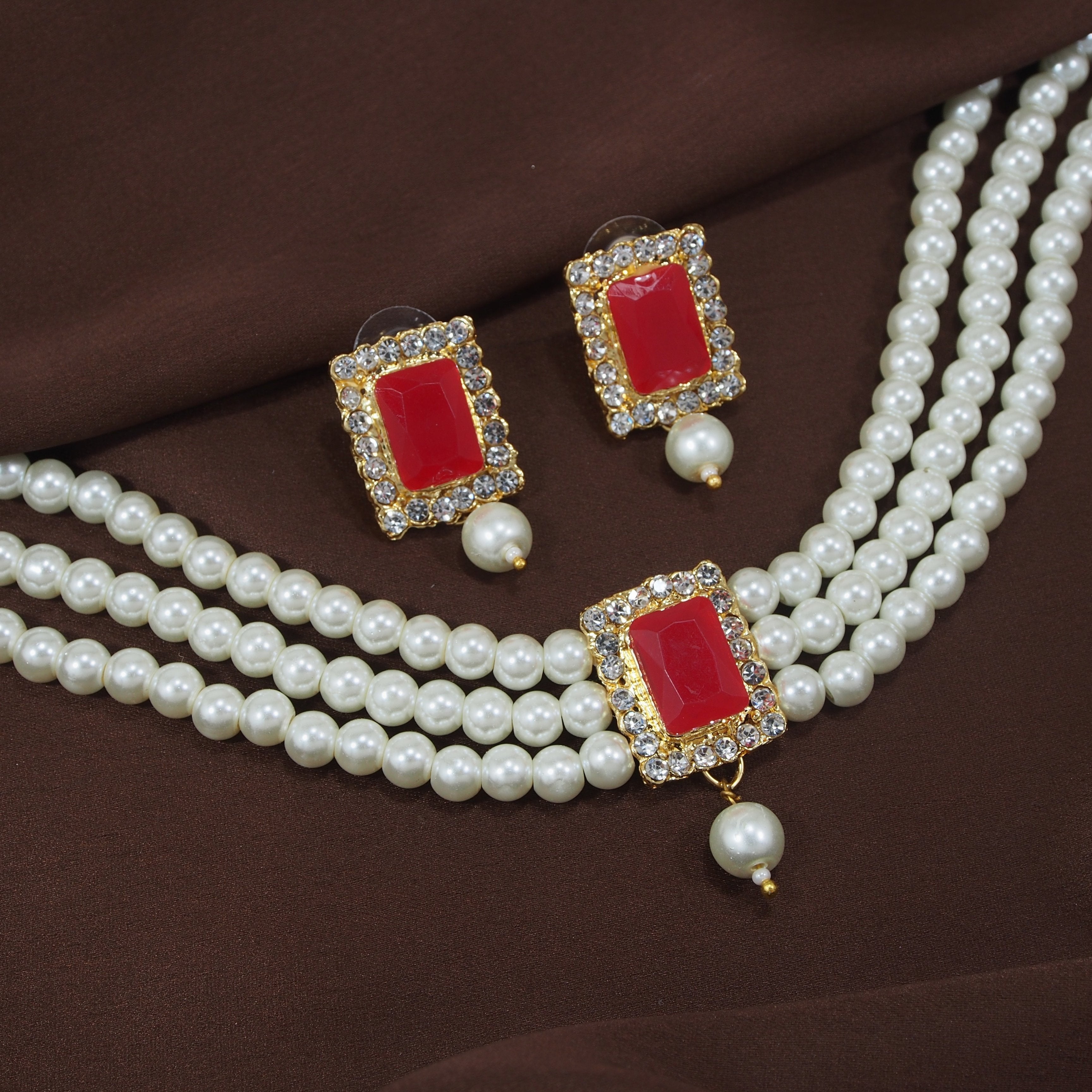 Women's  Gold Plated Traditional Handcrafted Red Stone Studded Pearl Choker Necklace Jewellery Set With Earrings  - i jewels