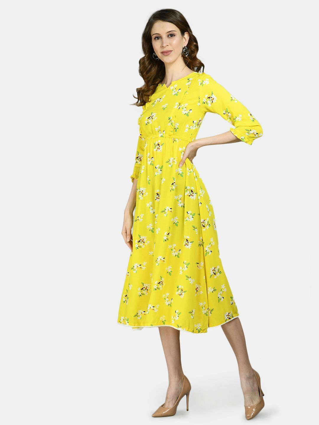 Women Yellow Printed Dress by Myshka (1 Pc Set)