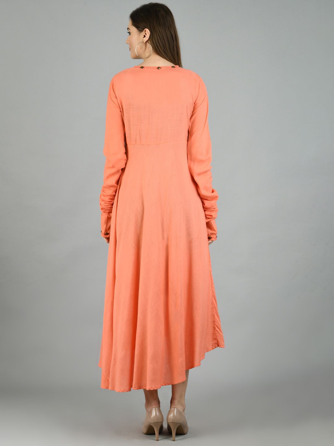 Women's Peach Cotton Solid Full Sleeve Round Neck Casual Dress Dupatta Set - Myshka