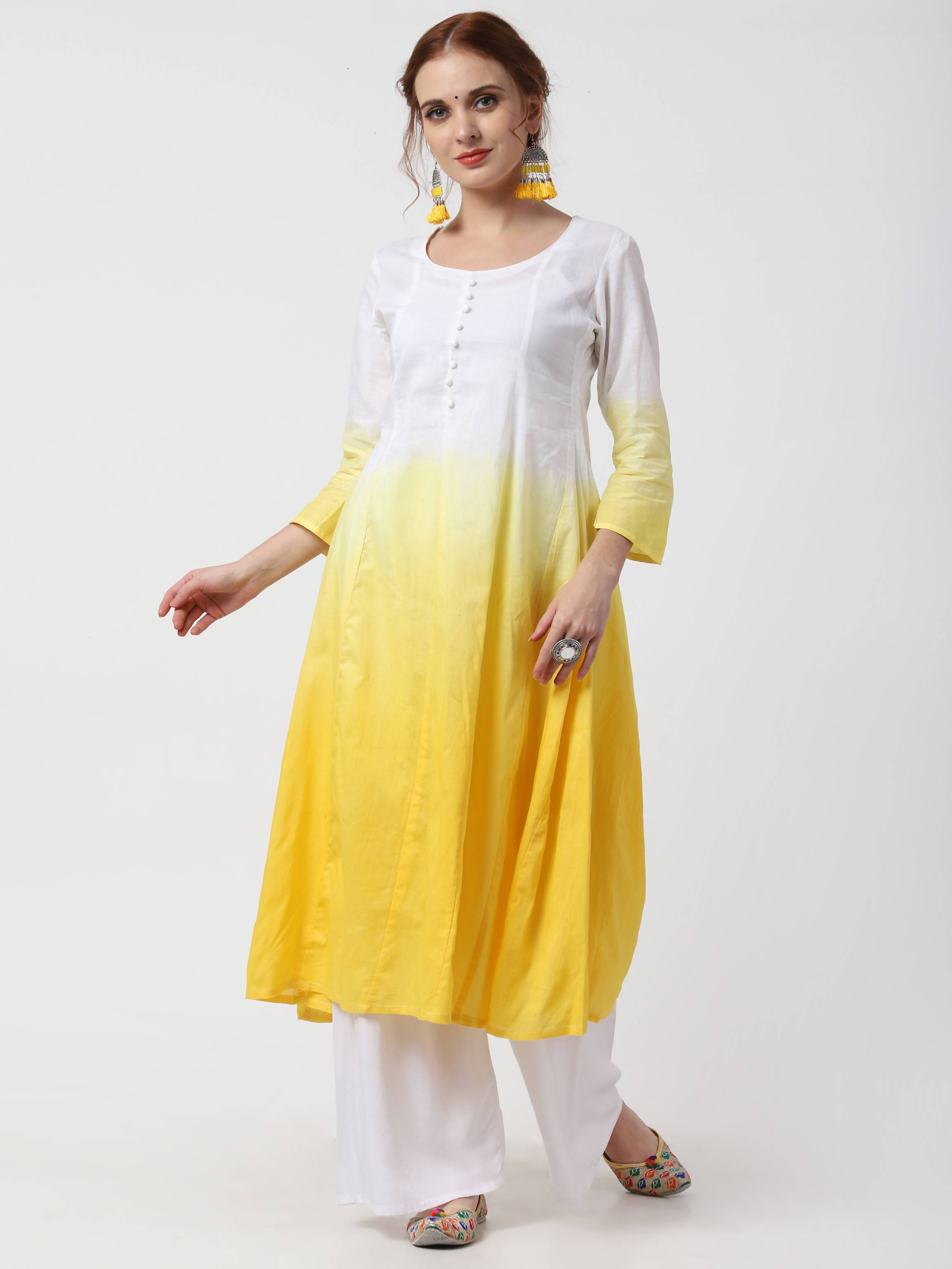 Women's Yellow & White Cotton Double Dyed Ombre Kurta, Palazzo & Dupatta Set - Cheera