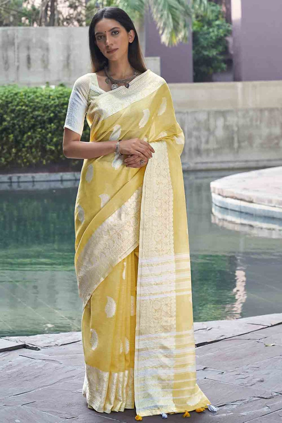Women's Blonde Yellow Linen Saree - Karagiri