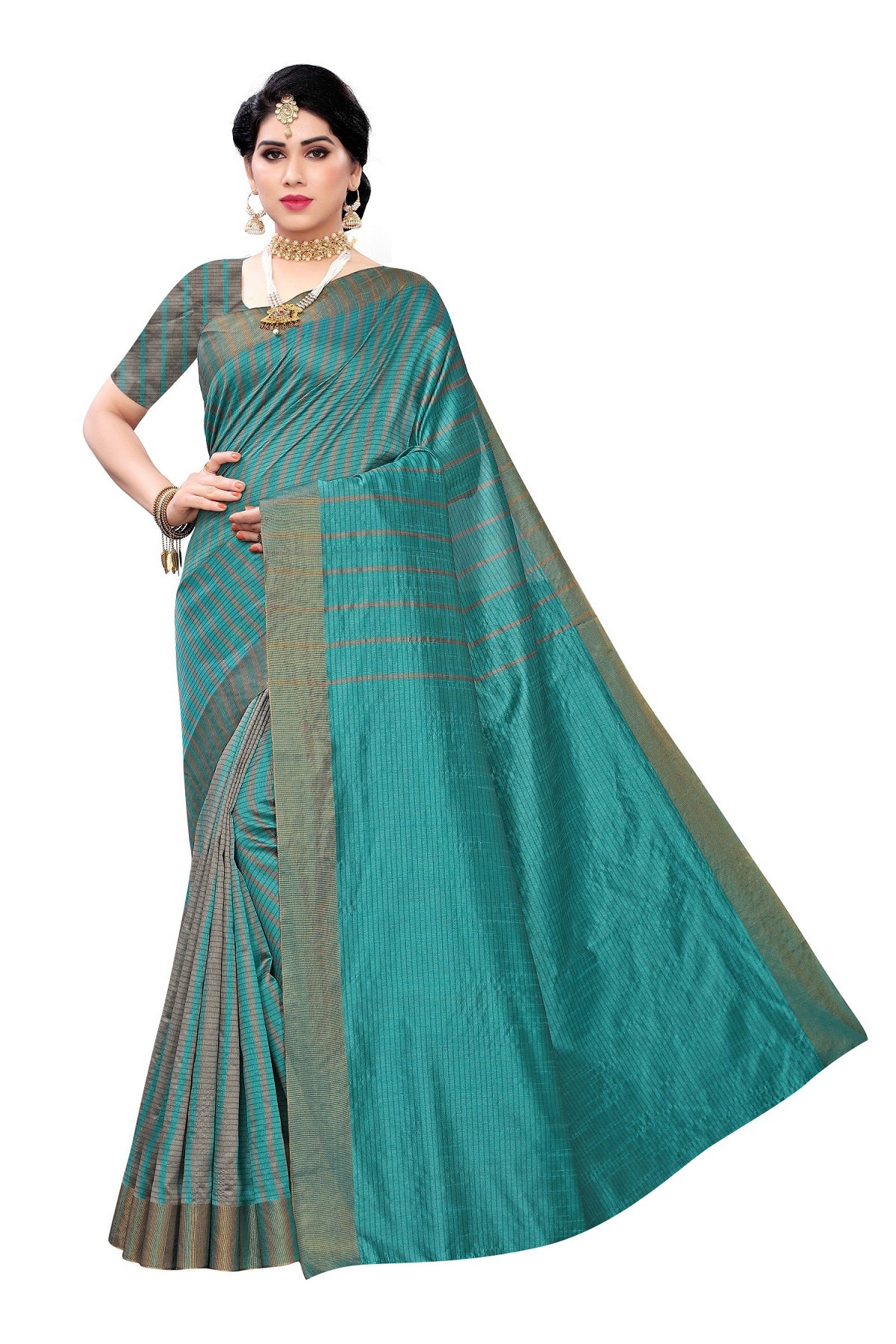 Women's Vamika Rama Green Cotton Silk Weaving Saree - Vamika
