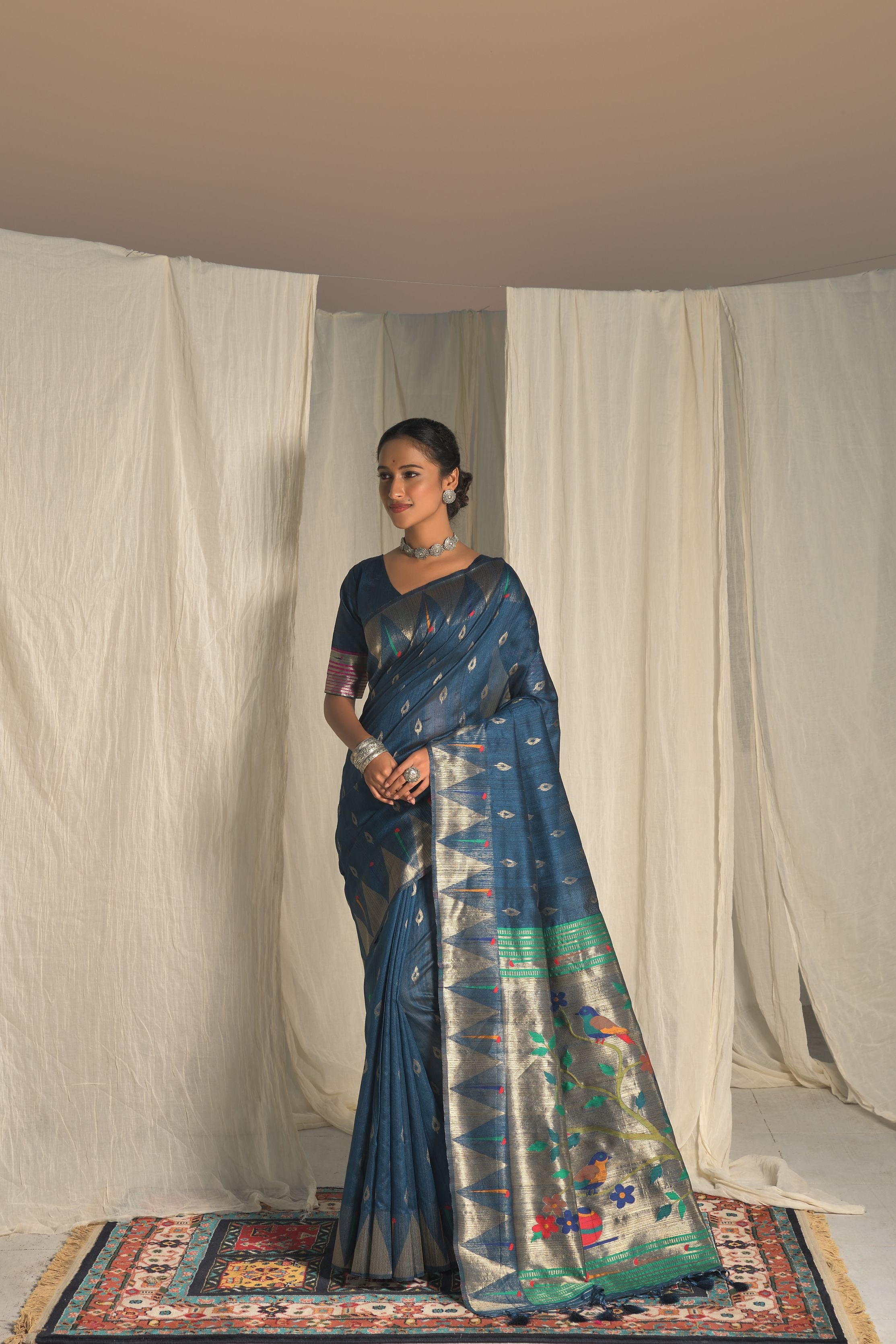 Women's Blue Woven Paithani Silk Saree With Tassels - Vishnu Weaves
