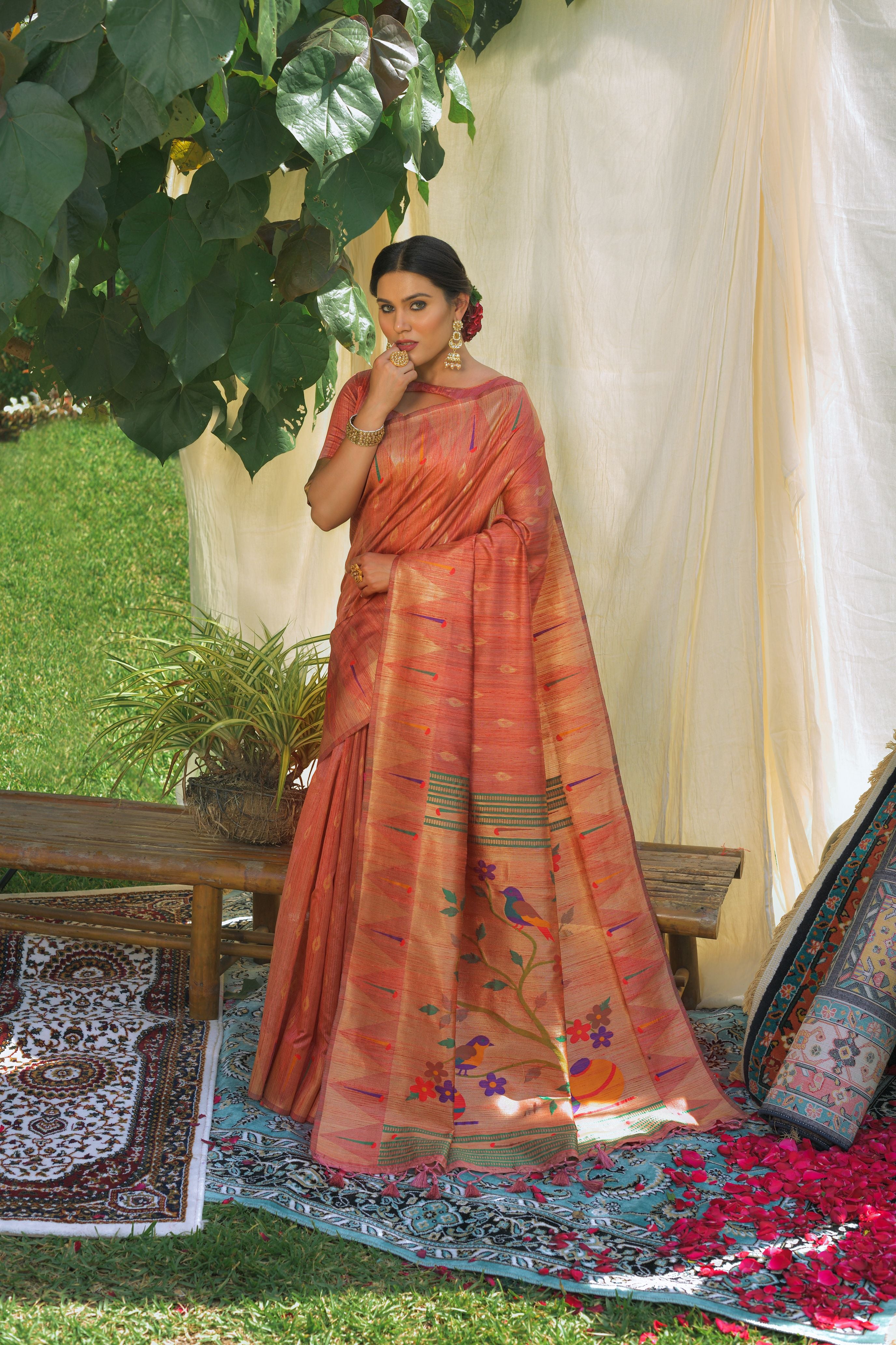 Women's Copper Woven Paithani Silk Saree With Tassels - Vishnu Weaves