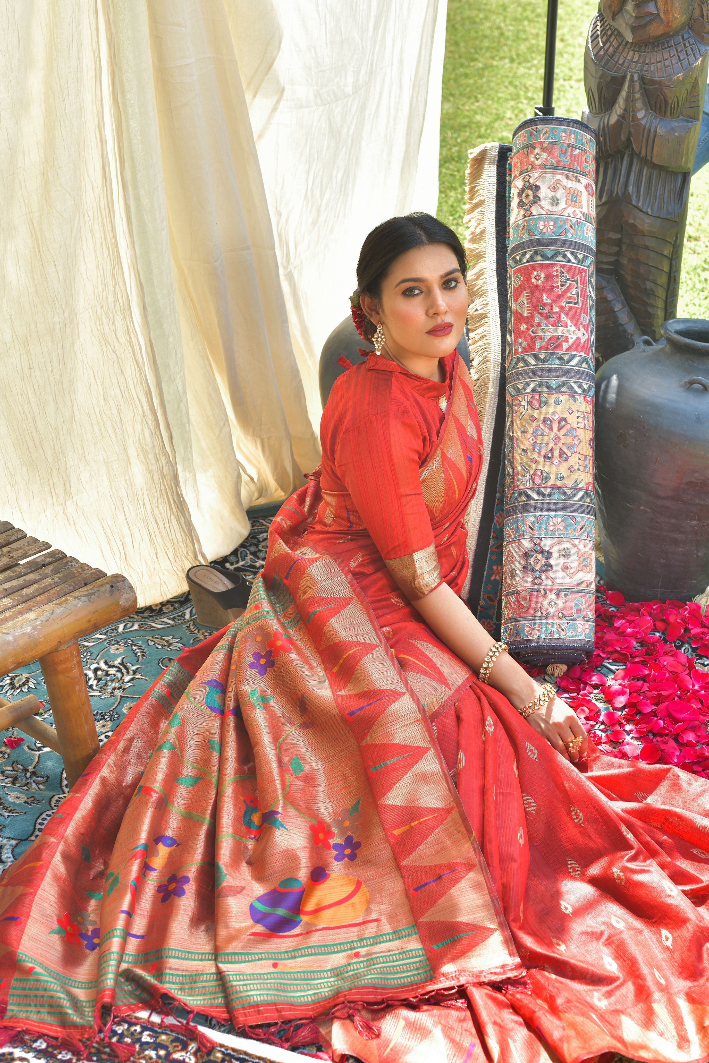 Women's Red Woven Paithani Silk Saree With Tassels - Vishnu Weaves