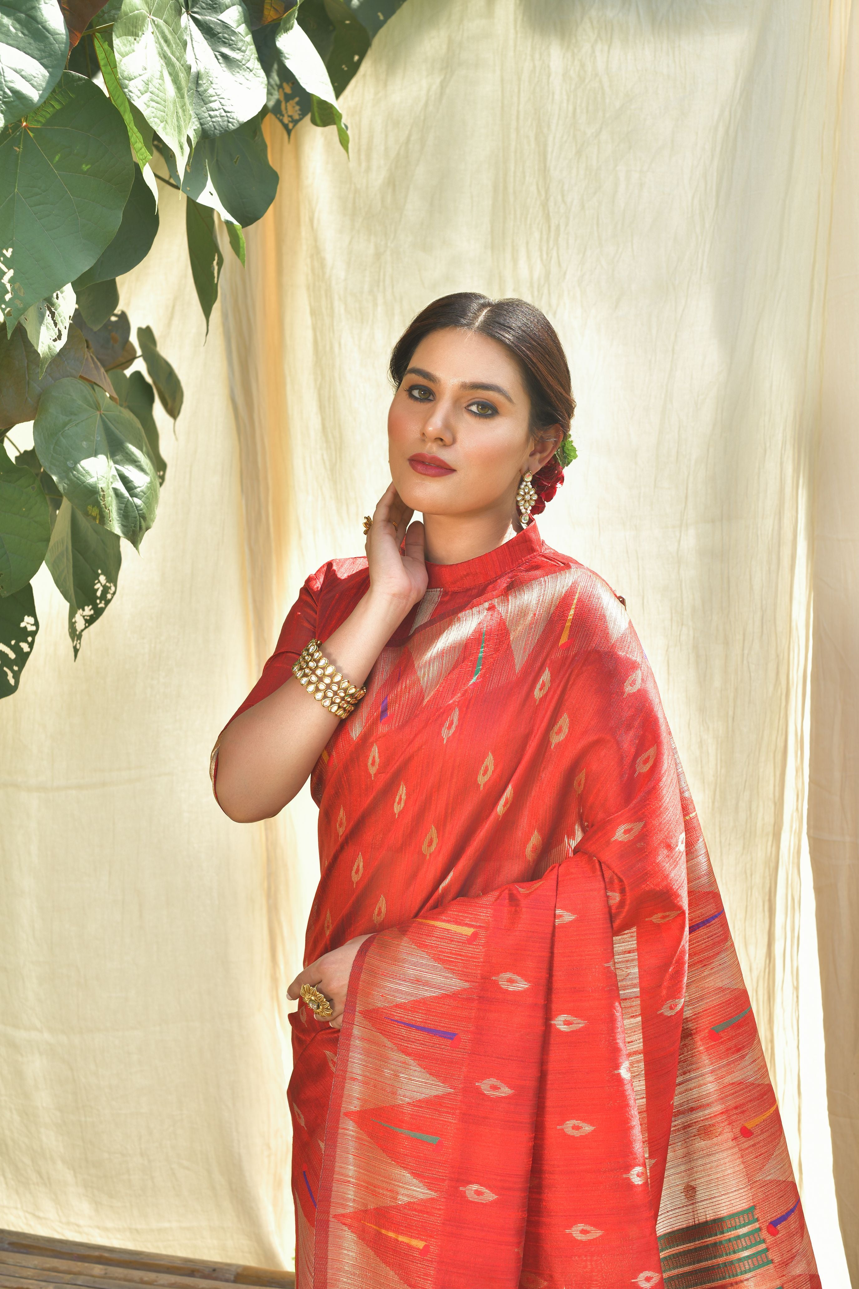 Women's Red Woven Paithani Silk Saree With Tassels - Vishnu Weaves