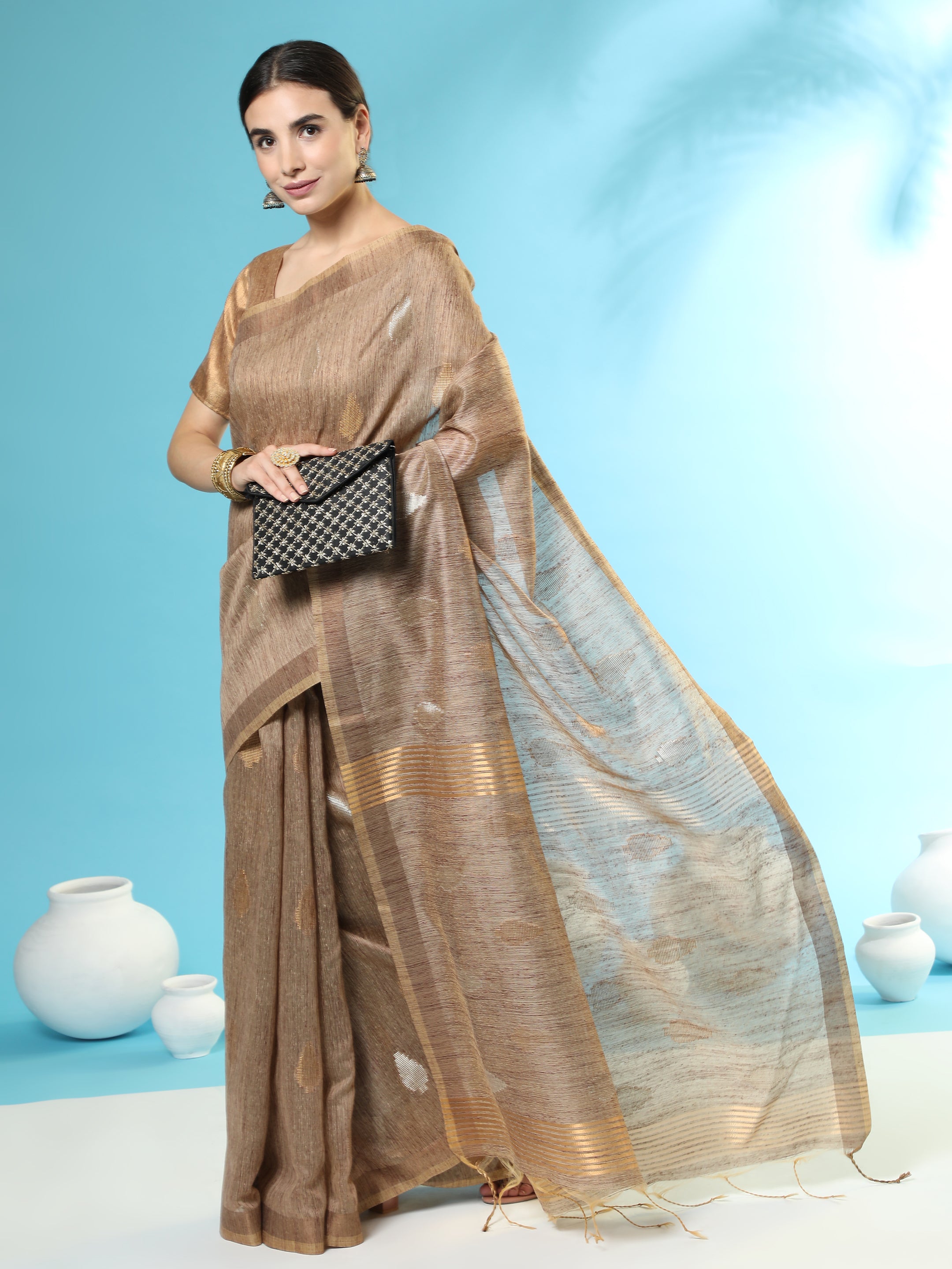Women's Brown Woven Handloom Silk Saree with Tassels - Vishnu Weaves