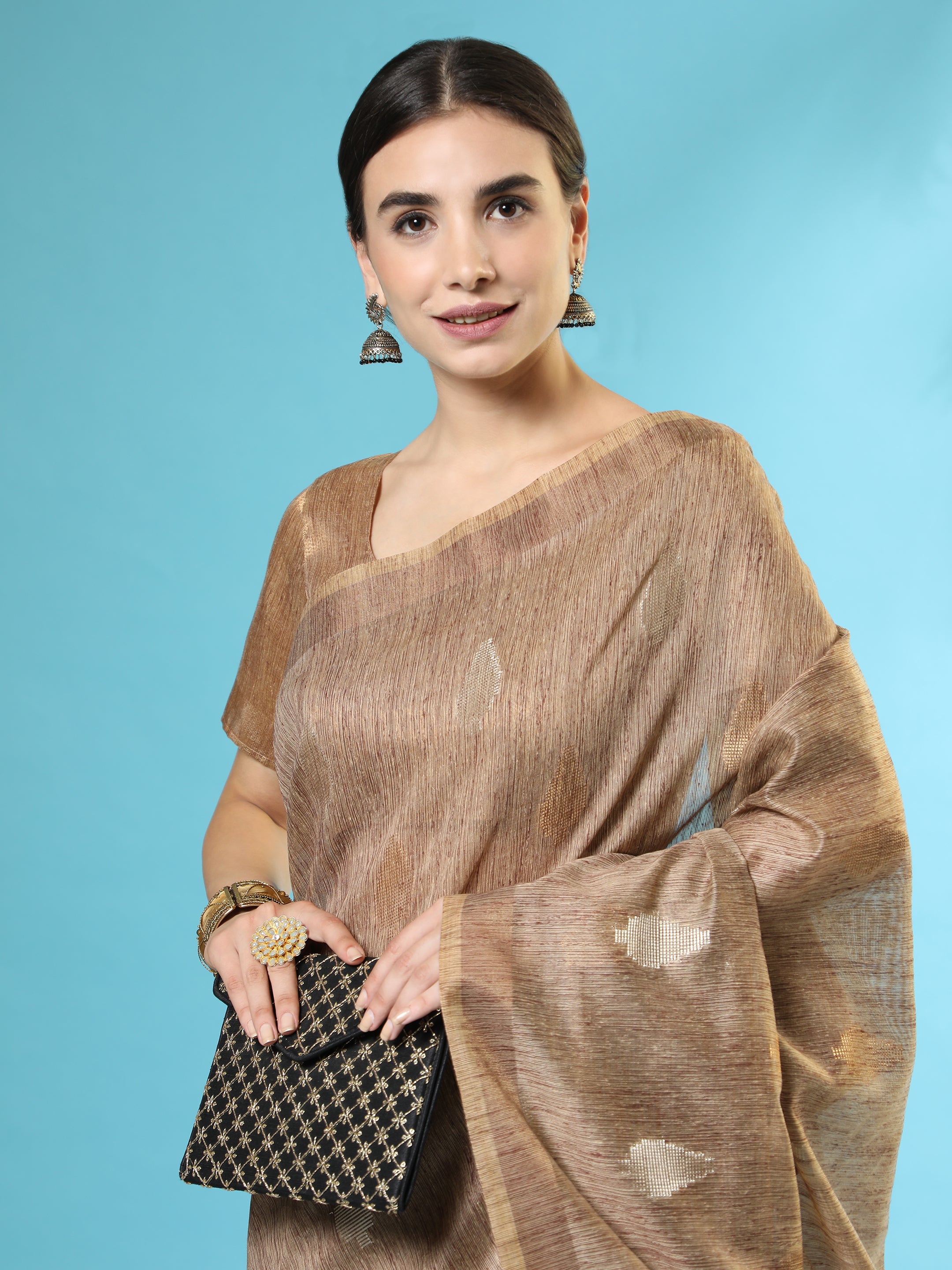 Women's Brown Woven Handloom Silk Saree with Tassels - Vishnu Weaves