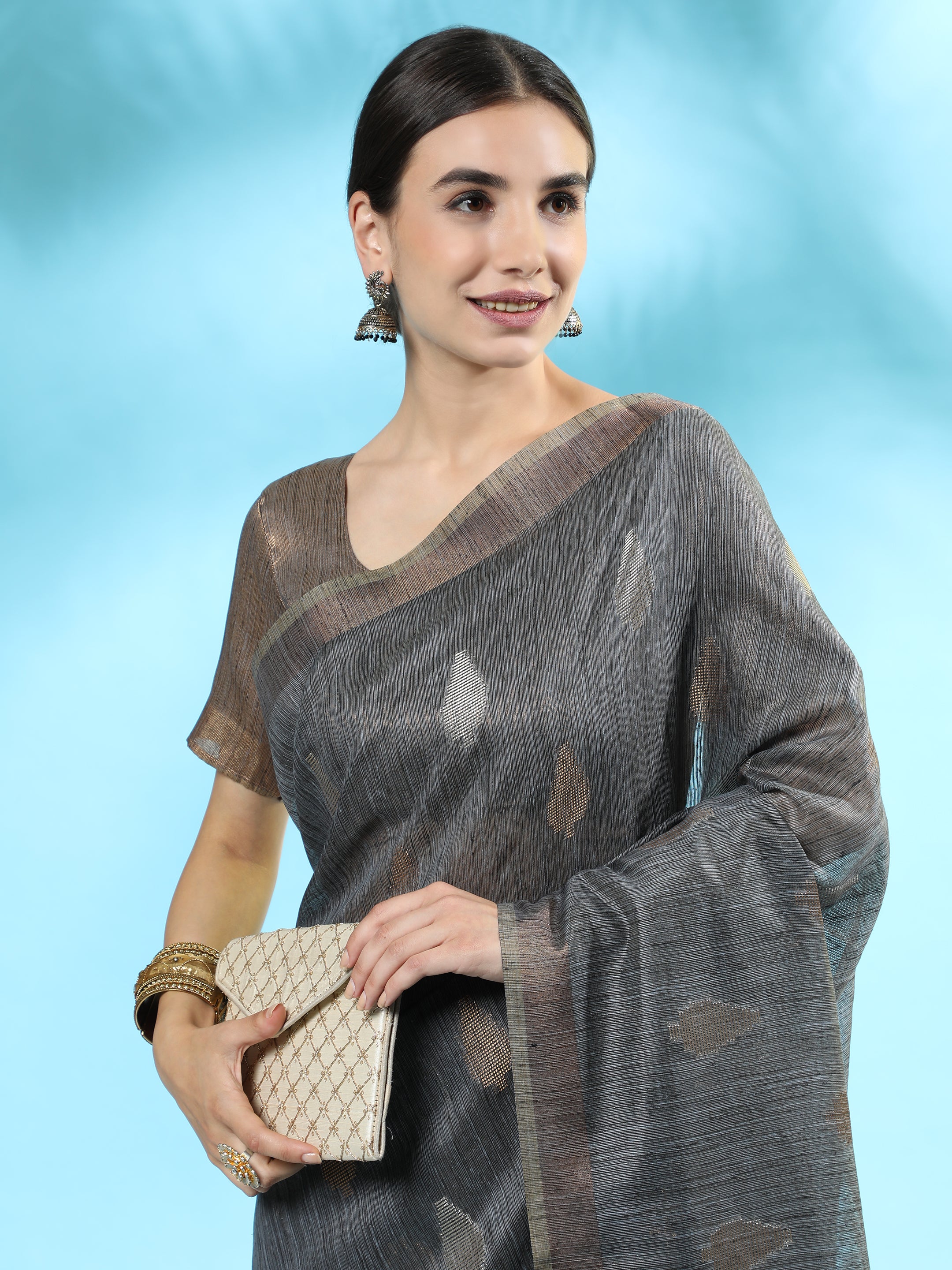 Women's Dark Grey Woven Handloom Silk Saree with Tassels - Vishnu Weaves