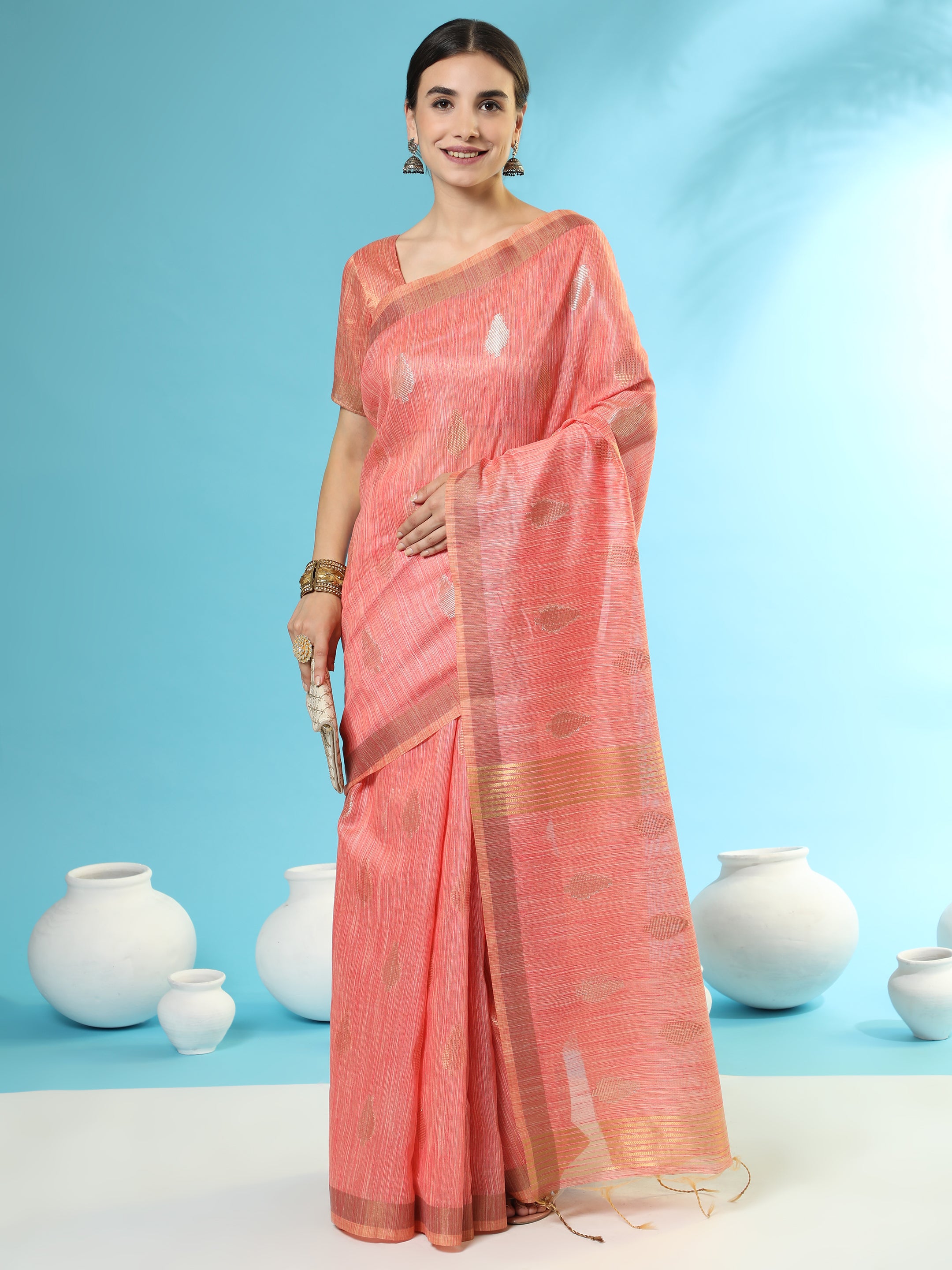 Women's Orange Woven Handloom Silk Saree with Tassels - Vishnu Weaves