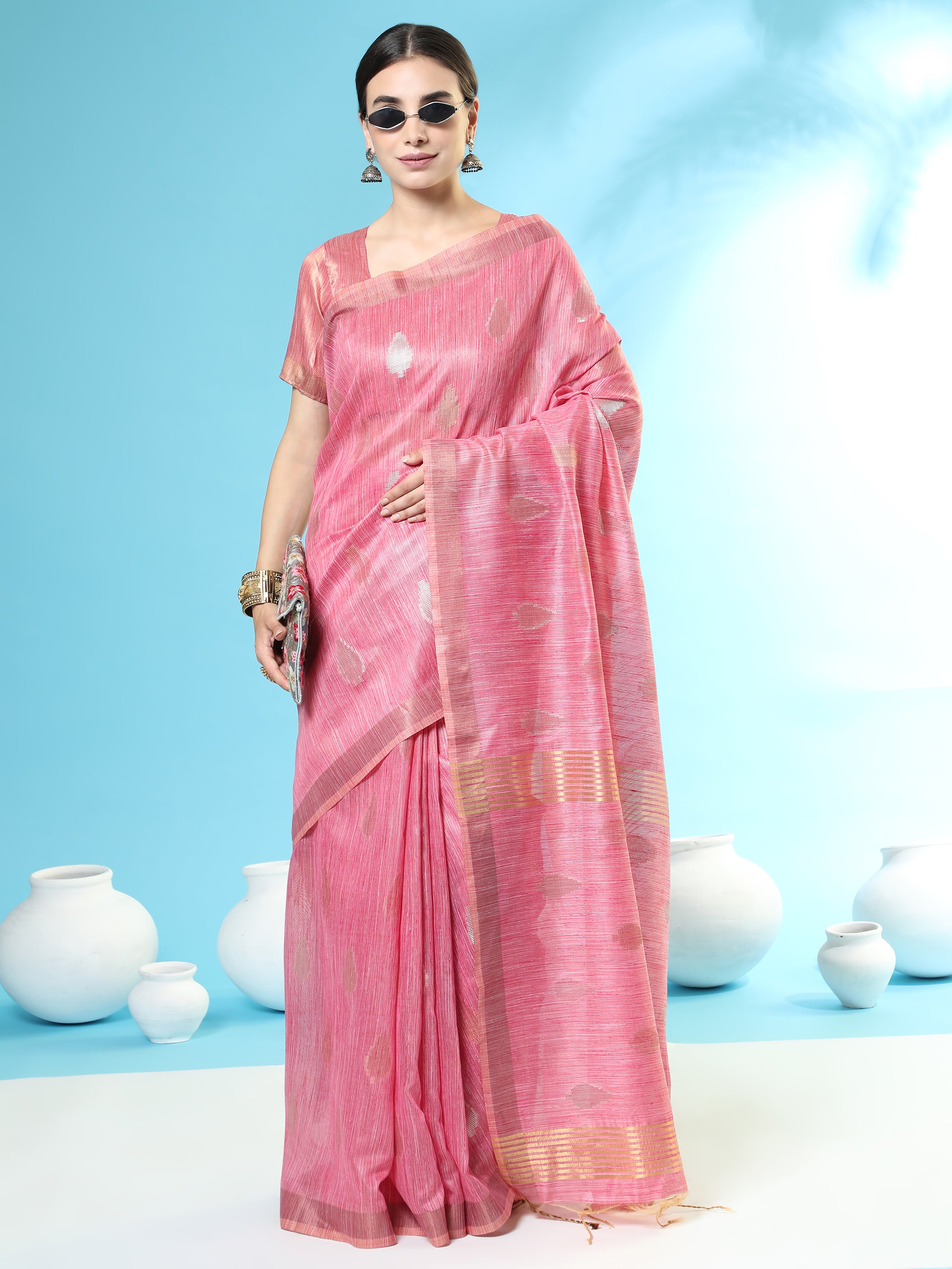 Women's Pink Woven Handloom Silk Saree with Tassels - Vishnu Weaves