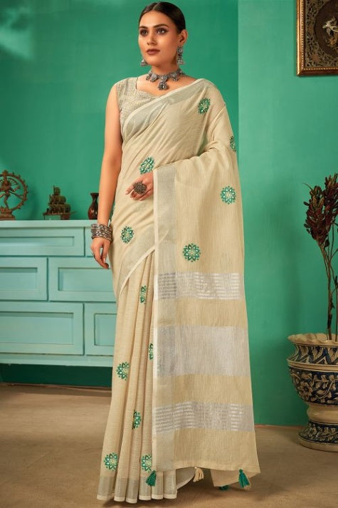Women's Parchment White Linen Saree - Karagiri