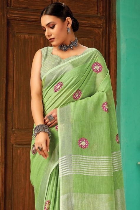 Women's Emerald Green Linen Saree - Karagiri