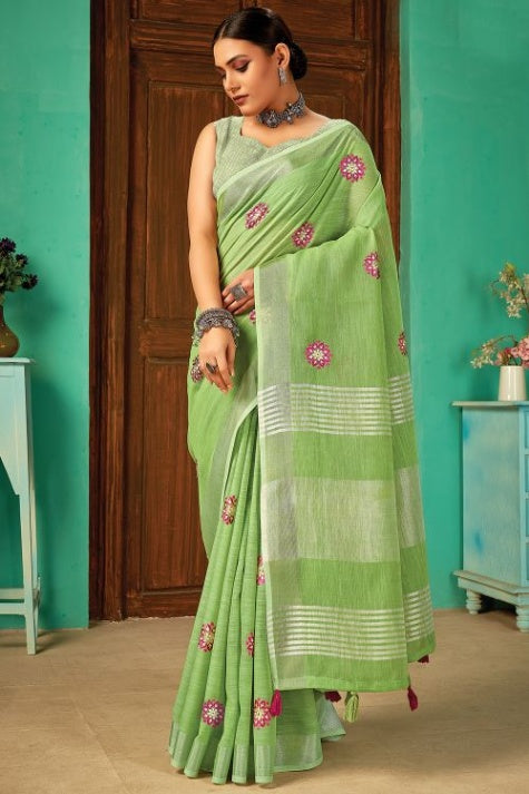 Women's Emerald Green Linen Saree - Karagiri