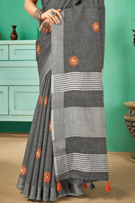Women's Iron Grey Linen Saree - Karagiri