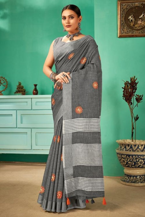 Women's Iron Grey Linen Saree - Karagiri