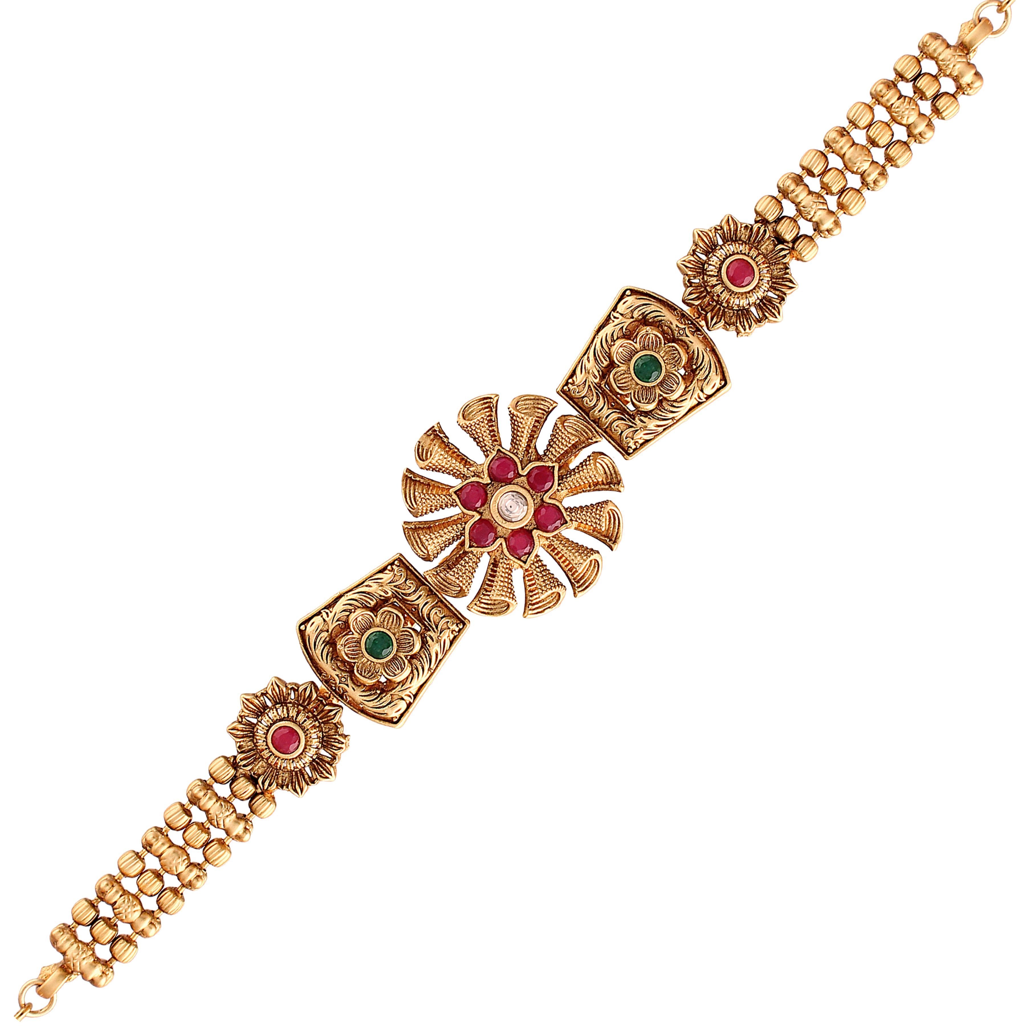 Women's Gold Plated Traditional Brass Ruby Green Stone Bajuband /Vanki/Armlet Rajwadi Jewellery - i jewels