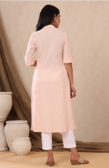 Women's Peach Cotton Flex Solid A-Line Kurta - Juniper