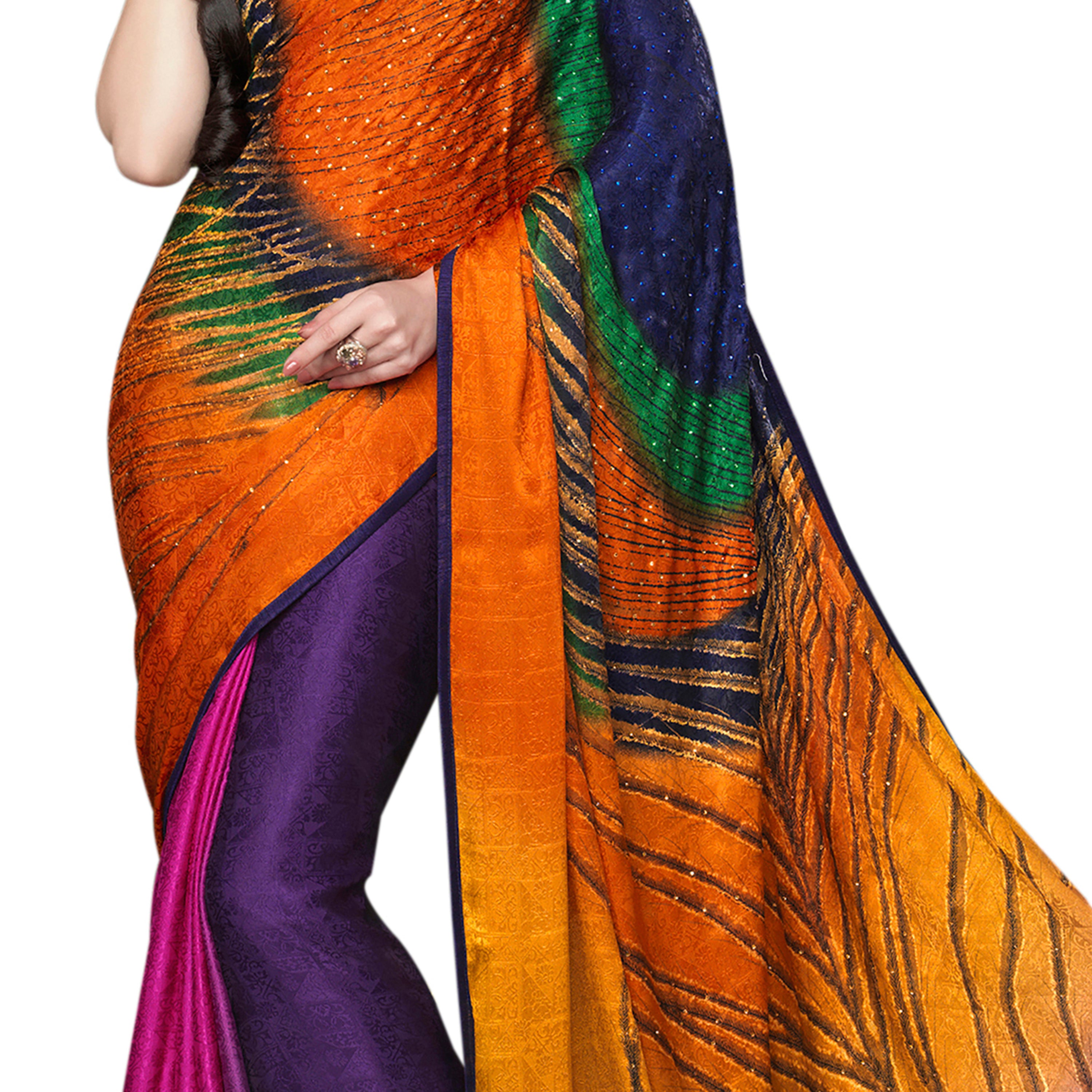 Women's Multi Color  Desinger China Chifon With Piping And Lace Saree - Vamika