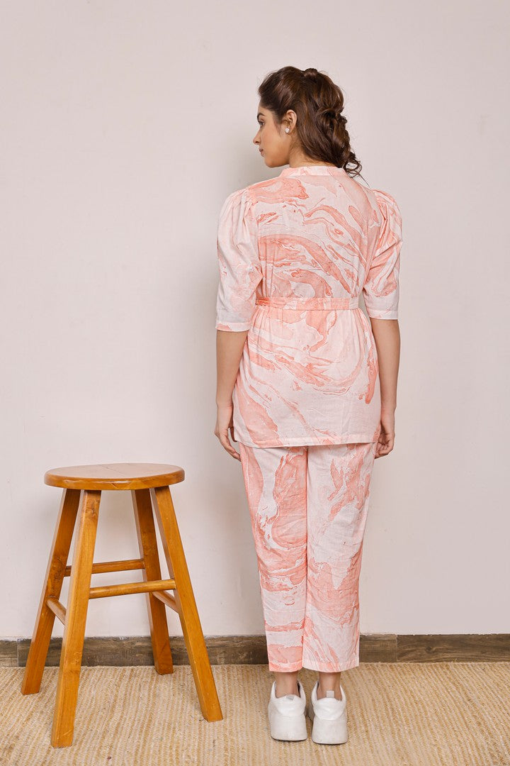 Women'S Tie Up Orange Marble Printed Co-Rd Set - Pheeta