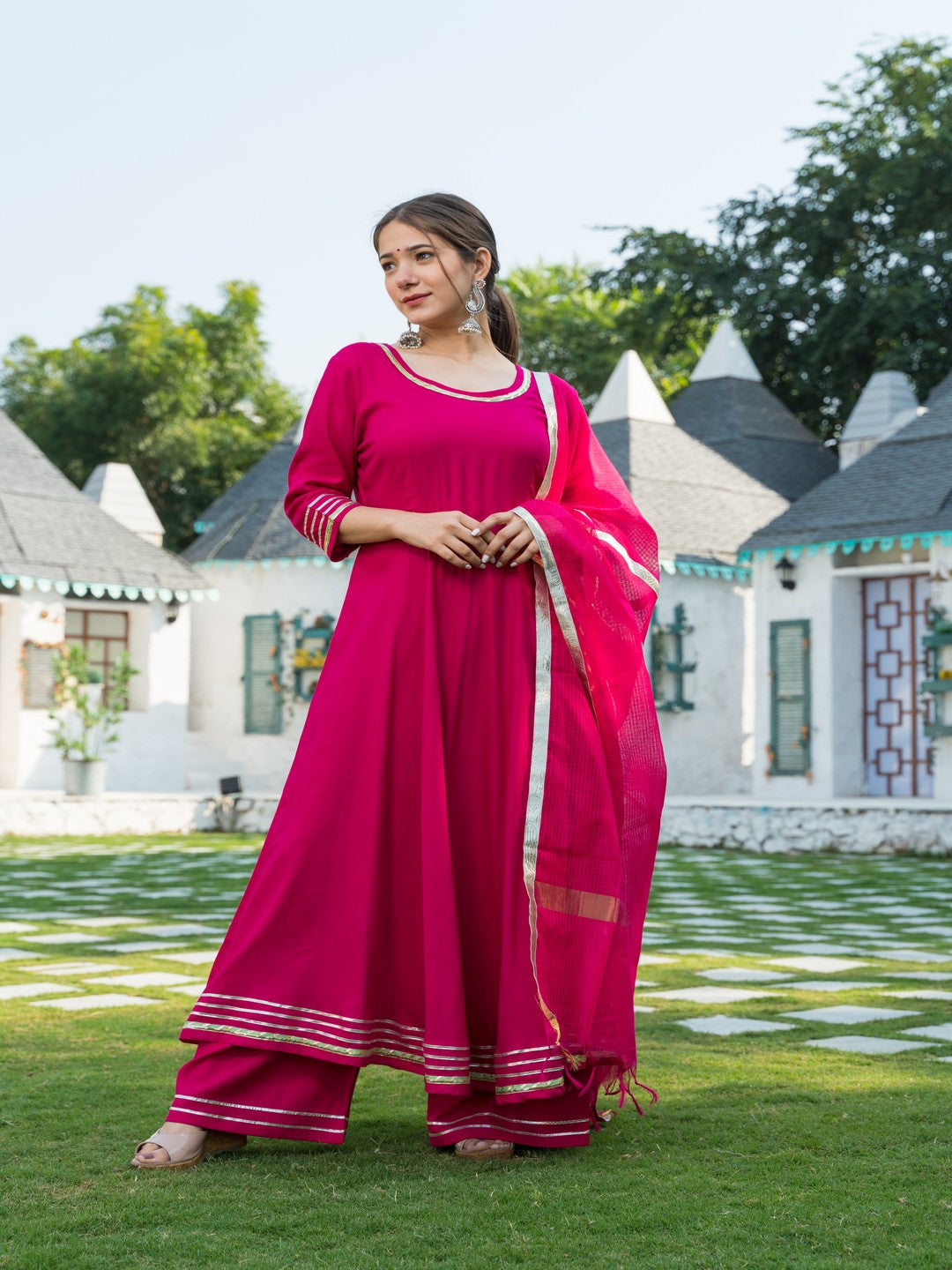 Women's Rani Pink Solid Anarkali Suit Palazzo Set Paired with Kota Doria Dupatta - Pheeta