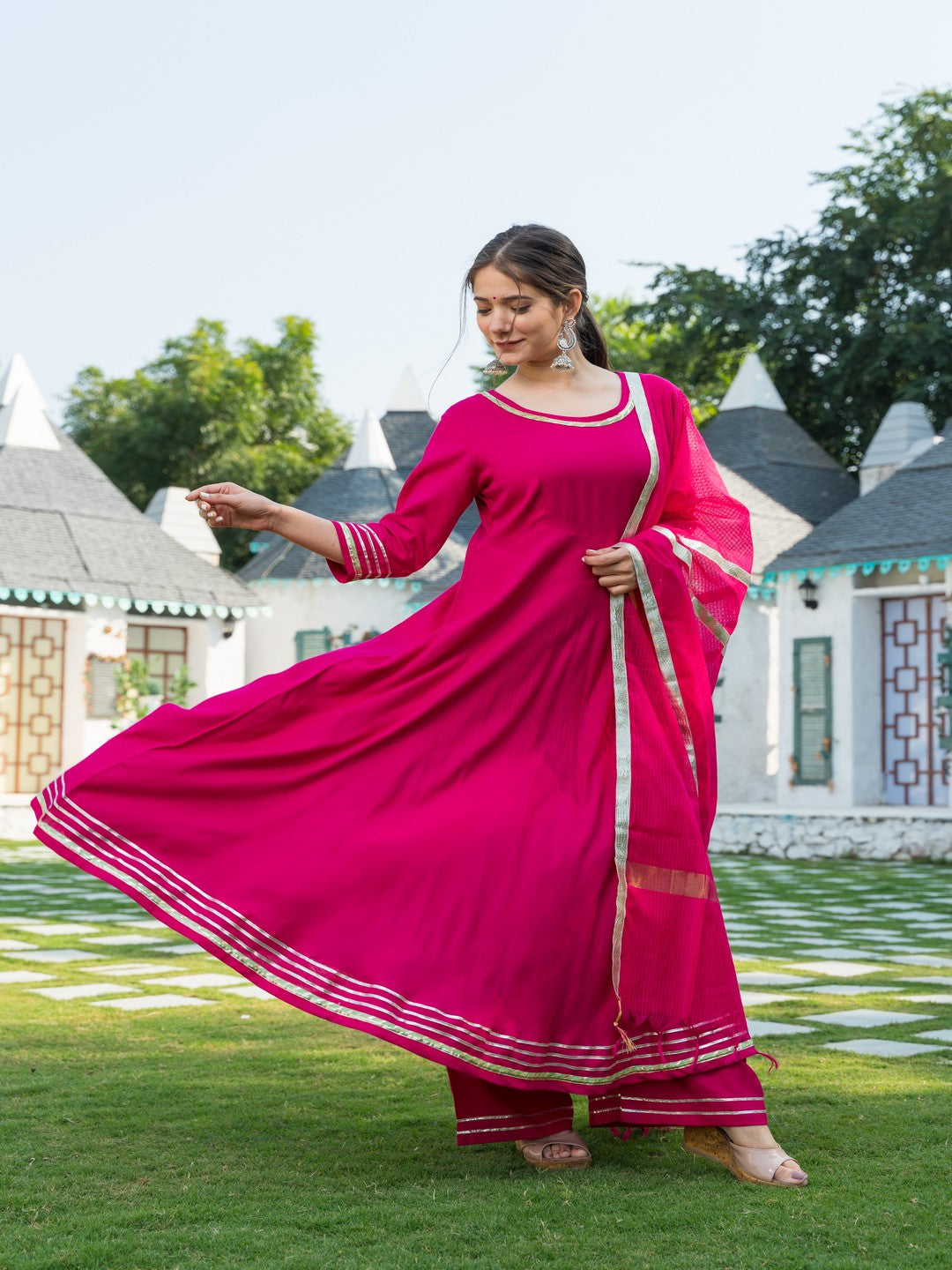 Women's Rani Pink Solid Anarkali Suit Palazzo Set Paired with Kota Doria Dupatta - Pheeta