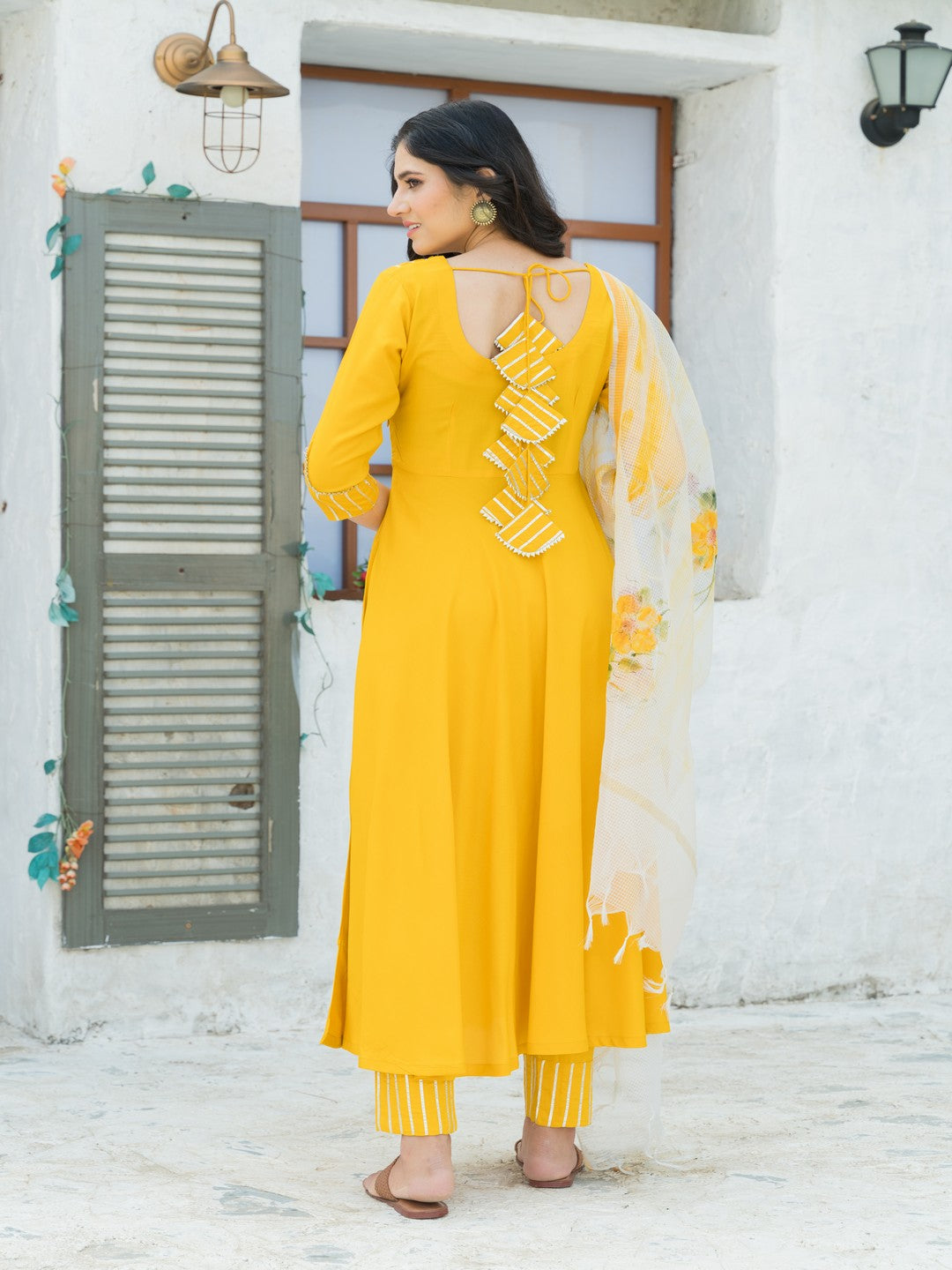 Women's Bright Yellow Yoke Design Gotta Patti Suit set with Hand Painted Organza Dupatta - Pheeta