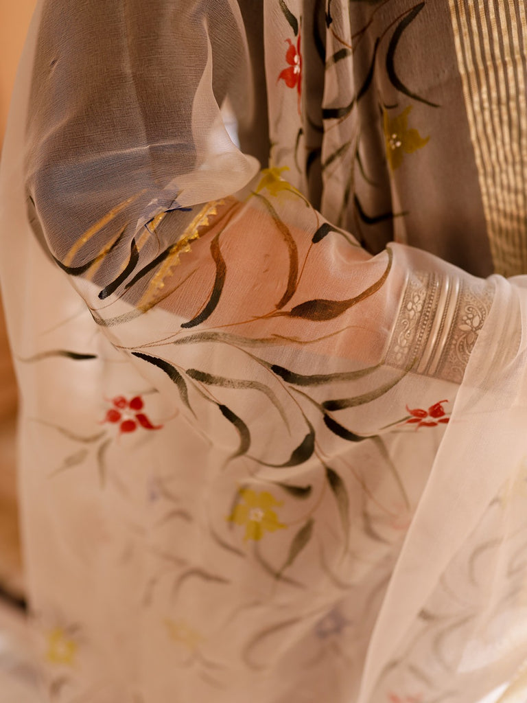 Women's Solid black suit set with hand painted organza dupatta