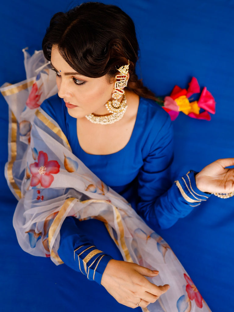 Women's Solid blue anarkali suit set with hand painted organza dupatta