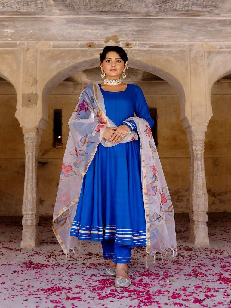 Women's Solid blue anarkali suit set with hand painted organza dupatta