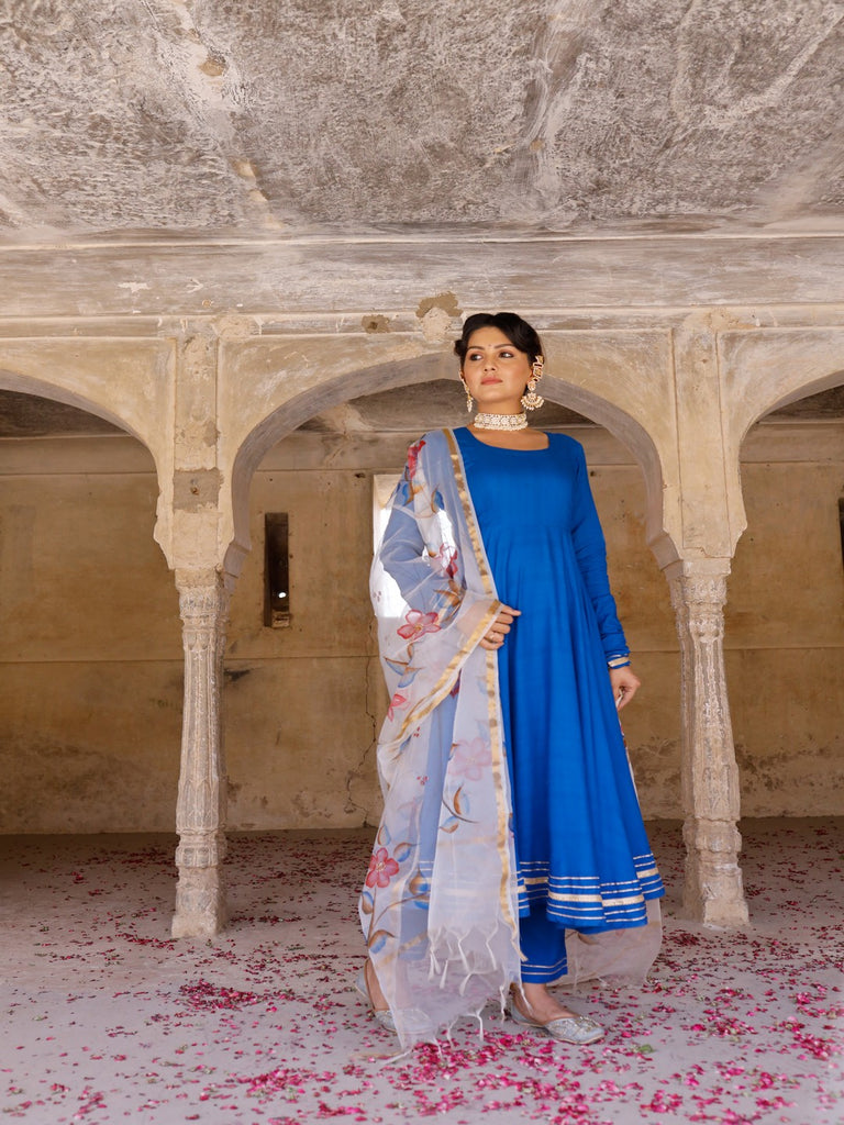 Women's Solid blue anarkali suit set with hand painted organza dupatta