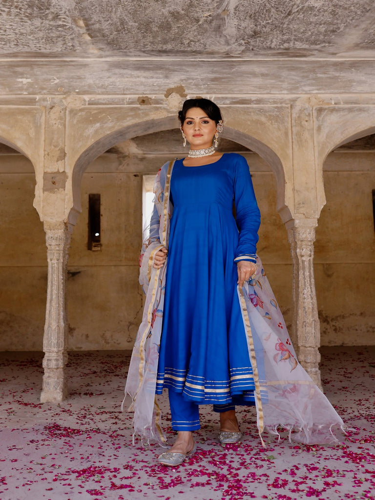Women's Solid blue anarkali suit set with hand painted organza dupatta